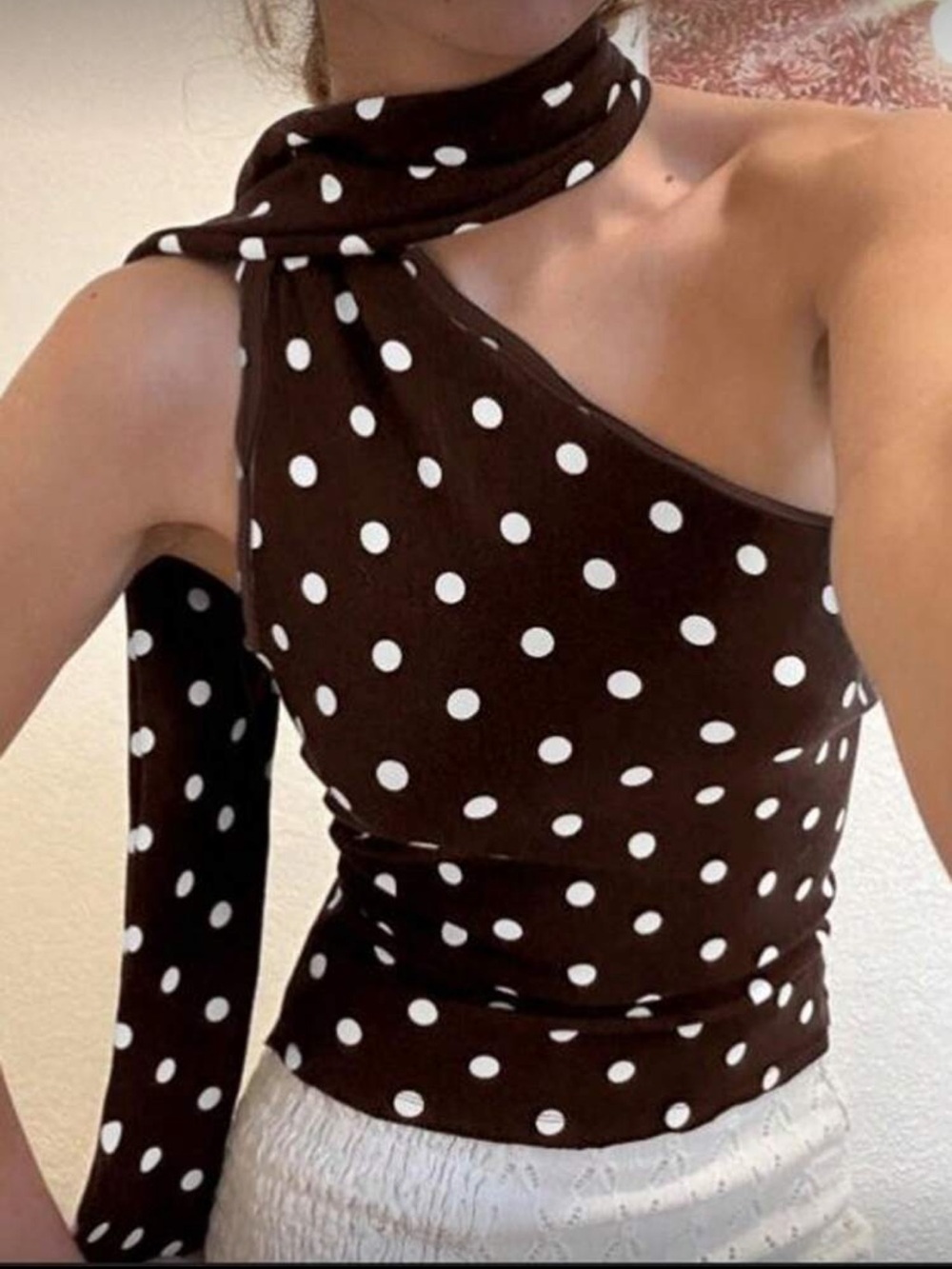One-Shoulder Brown Polka Dot Top